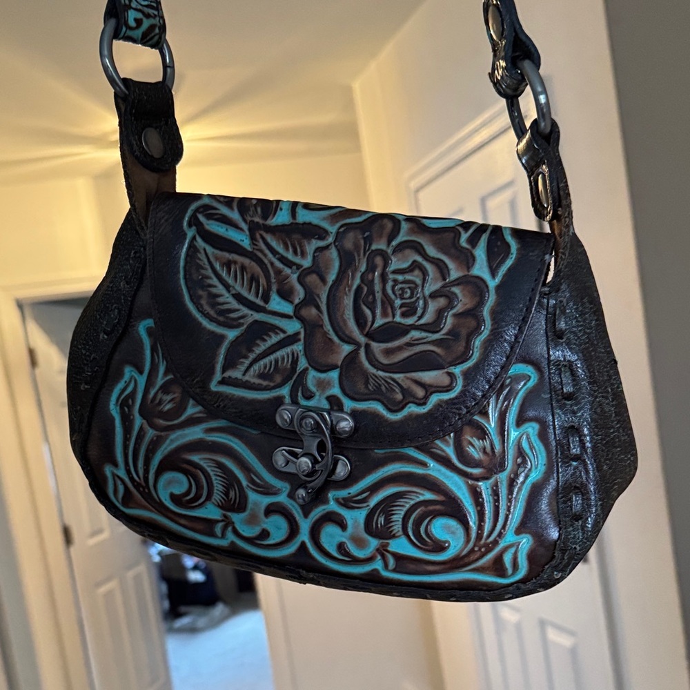 Patricia Nash Floral Embossed Leather Bag - Black and Teal